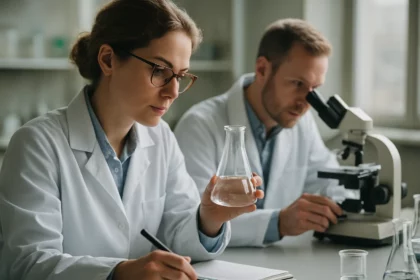 Két tudós laboratóriumban, benzolszármazékokkal végzett kémiai kísérletezés közben.