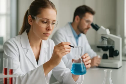 Laboratóriumi kísérlet benzolszulfonsavval dolgozó kutató