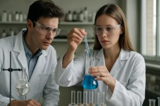 Két fiatal tudós laboratóriumban, különböző kémiai kísérleteket végeznek.