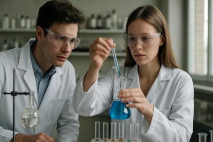 Két fiatal tudós laboratóriumban, különböző kémiai kísérleteket végeznek.