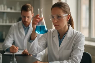 Laboratóriumi kísérlet folyadékkal egy fiatal kutató által