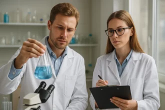 Két kutató laboratóriumban, kémcsővel és jegyzetelés közben.