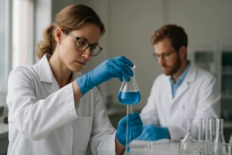 Kémikusok laboratóriumban benzotiazol kísérletet végeznek.