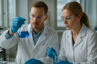 Két kutató a laborban benzotiofén vizsgálatáról.