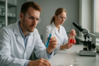 Két kémikus kísérletezik laboratóriumban, színes folyadékokkal.