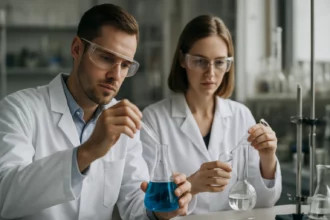 Laboratóriumi kísérlet két tudós részvételével, benzotiofén vizsgálata