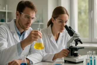 Két kutató laboratóriumi környezetben benzotiofurannal foglalkozik.