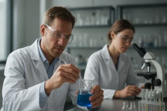 Kutatók laboratóriumban benzotriazol elemzése közben.