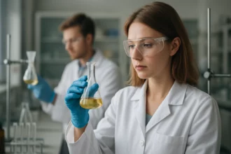 Két tudós laboratóriumi kísérletezés közben