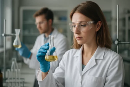 Két tudós laboratóriumi kísérletezés közben
