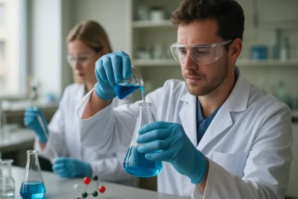 Kutatók benzoxazol kémiai vegyületekkel laboratóriumban