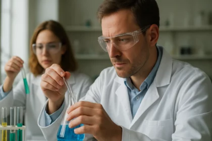 Kutatók benzoxazol elemzése laboratóriumban, kémiai folyamatok