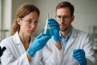 Két kémikus laboratóriumi környezetben, kék folyadékkal teli üvegpalackokat elemeznek.