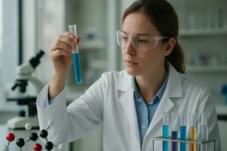 Kutató laboratóriumban 2-benzotiazol-1,3-trion kísérletet végez