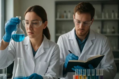 Két tudós laboratóriumban kémiai kísérletet végez.