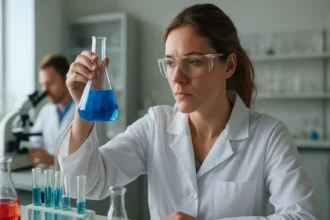 Egy vegyész laboratóriumban kék folyadékot vizsgál