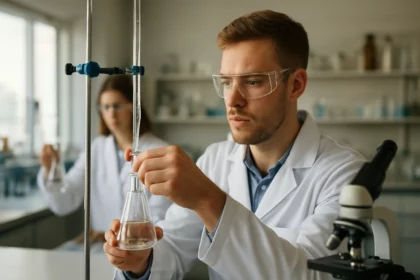 Kémiai laboratóriumi munka: fiatal kutató kísérletet végez