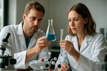 Két kémikus laboratóriumban, különböző kémiai anyagokat vizsgálnak
