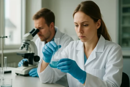 Két kutató laboratóriumban, berillium vegyületek elemzése közben.