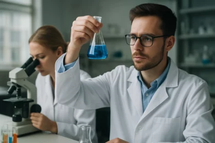 Kémikus laboratóriumban, kék folyadékkal teli lombik