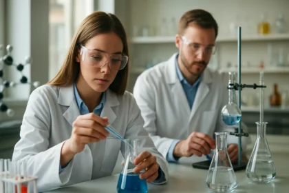 Két tudós laboratóriumban, akik kémiai reakciót végeznek.