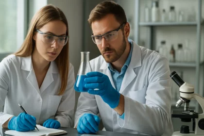 Két kutató laboratóriumban beryl kristályszemcsékkel foglalkozik.