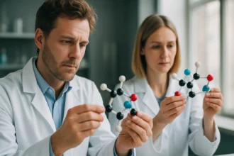 Két laboratóriumi kutató berilliumbronz molekulákat vizsgál