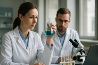 Női kutató berillium-hidrid kémiai elem analíziséhez szükséges kémcsövet tart.