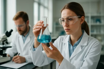 Női kémikus laboratóriumban kék oldatot vizsgál egy erlenmeyer palackban.