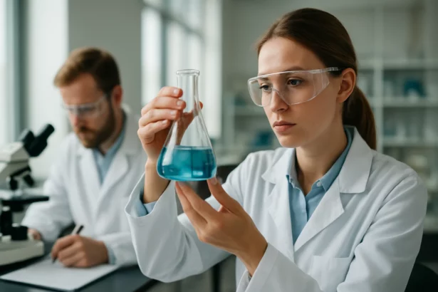 Női kémikus laboratóriumban kék oldatot vizsgál egy erlenmeyer palackban.