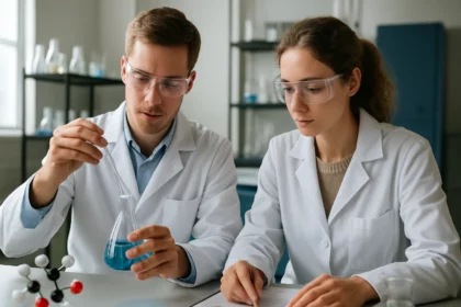 Két kémikus laboratóriumban együtt dolgozik egy kémiai kísérleten.