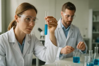 Két vegyész laboratóriumban kémiai kísérleteket végez