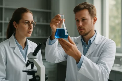 Két kutató laboratóriumban kémiai kísérletet végez, kék folyadékkal.