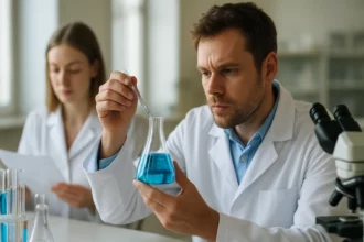 Két tudós laboratóriumban kémiai kísérletet végeznek