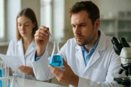 Két tudós laboratóriumban kémiai kísérletet végeznek