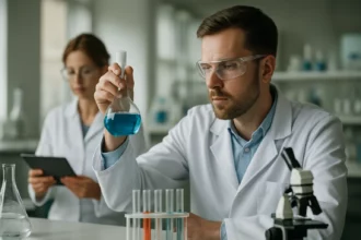 Laboratóriumi kísérlet kék oldattal és vegyész