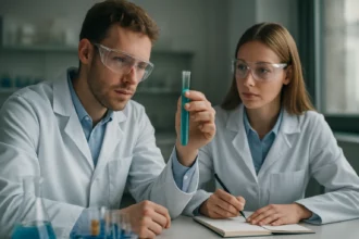 Két kutató laboratóriumban béta-apo-8-karotén kísérletet végez