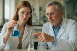 Két kémikus laboratóriumban kék folyadékot vizsgál