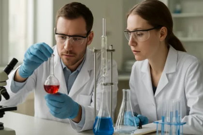 Két kémikus laboratóriumban bróm izolálásán dolgozik.