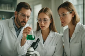 Három tudós laboratóriumban, mérési folyamat közben.