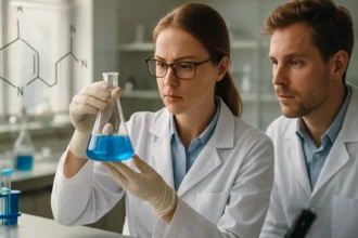 Két kutató laboratóriumban béta-ketonokat elemző folyamatban.