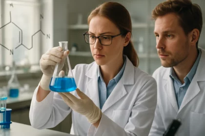 Két kutató laboratóriumban béta-ketonokat elemző folyamatban.
