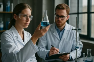 Két tudós kísérletet végez a laborban, béta-ketosavakkal kapcsolatos analízisen.