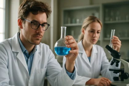Két kutató laboratóriumban kémiai kísérletet végez