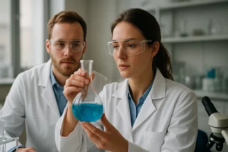 Két kutató laboratóriumi környezetben, kék oldatot vizsgálva