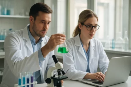 Két kutató laboratóriumban betanint és szerves vegyületeket vizsgálva