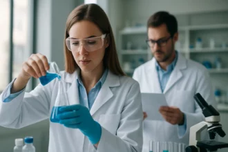 Kémikusok kísérleteznek a laborban, balra forgató vegyületekkel foglalkozva.