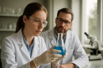 Kutatók kémiai kísérletet végeznek a laborban bibenzoilra várva.