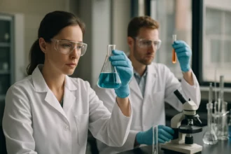 Kutatók laboratóriumban kémiai kísérleteken dolgoznak