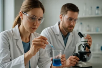 Két tudós laboratóriumi környezetben, kék folyadékkal végződő kísérletezés.